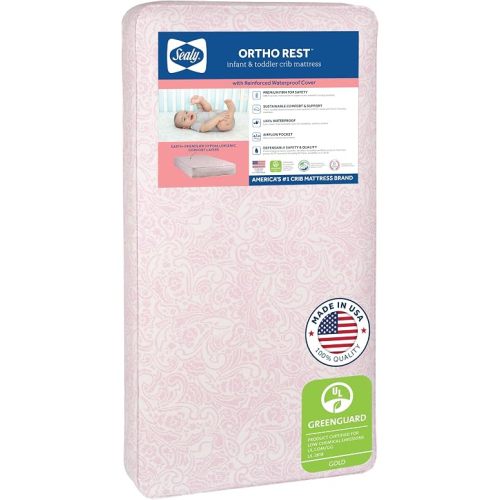 Sealy Baby Ortho Rest Waterproof Crib Mattress plus Toddler Bed Fit, 150 Extra Firm Coils, Orthopedic Comfort, GREENGUARD Gold Certified, Safety & Quality Tested, Made in USA, 52"X28" - Pink