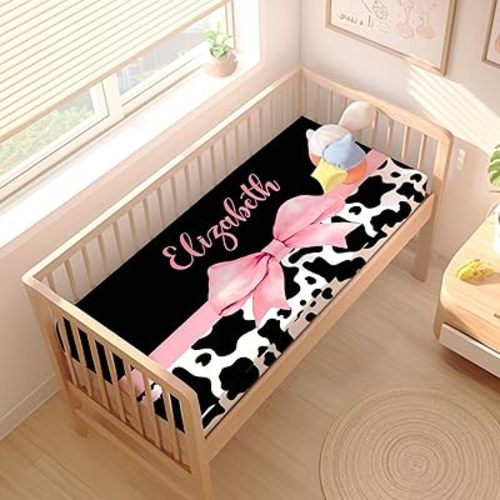 Pink Bow with Cow Print Personalized Crib Sheet for Baby Girls – Custom Name Fitted Mattress Sheet, Soft Nursery Bedding for Newborn, Infant, Toddler Beds