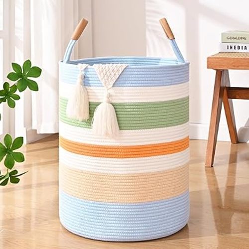 60L Striped Laundry Basket, Rainbow Laundry Hamper with Leather Handles, Woven Cotton Rope Storage Bin for Blankets, Nursery Hamper for Clothes, Toys In Bathroom, Livingroom, Bedroom