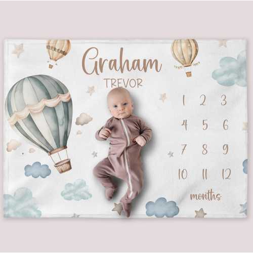 Air Balloon Milestone Blanket, Personalized Baby Boy Month Blanket, Clouds Nursery Custom Newborn Growth Tracker, New Mom Baby Shower Gift