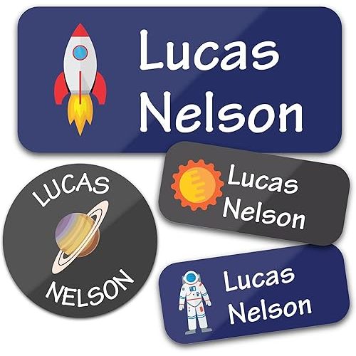 Bunny Badges Personalized Daycare Name Labels for Kids (130 Labels) - Custom Waterproof Name Stickers for Clothing Tags, Water Bottles, Lunch Boxes and School Supplies (Space)