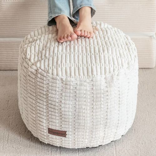 HIGOGOGO Pouf Ottoman Stuffed Round Modern Foam Filled Foot Rest Poufs for Living Room Chair Decorative 20 X 15 Inches Boho Relax Stool, Beige