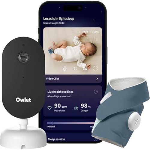 Owlet Dream Duo – FDA-Cleared Smart Baby Monitor with Sock & HD Video Cam, Tracks Pulse Rate, Oxygen & Sleep, 2K HD Video, Cry & Motion Alerts, Temp Monitoring