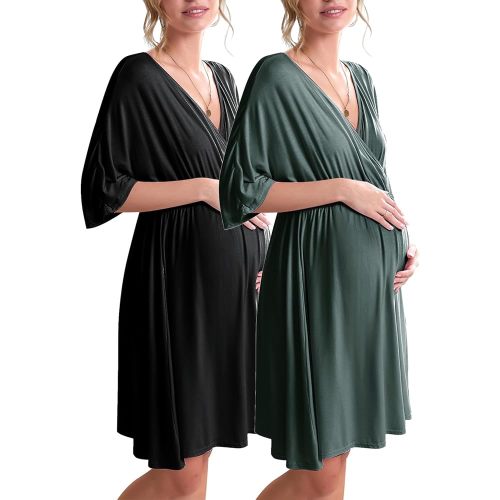 Ekouaer 3 in 1 Labor/Delivery/Hospital Gown 2 Pack Maternity Dress Nursing Nightgown Sleepwear for Breastfeeding, Black/Dark Green, Small