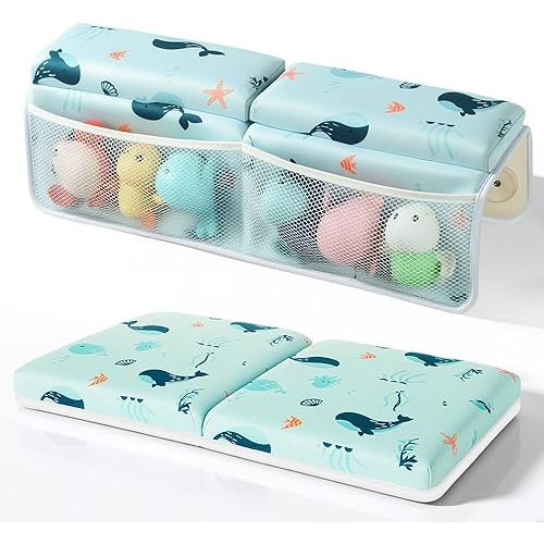 SKEFOLI Baby Bath Kneeler and Elbow Rest Pad Set,1.5" Thick Baby Bath Kneeler Pads with Toys Organizer, Pads to Support The Arm, Essentials, Ideal Kneeling Pad for Bathing
