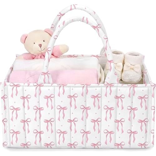 Shinylin Diaper Caddy Organizer with Pink Bow Portable Nursery Storage Basket with Handles and Removable Dividers Cute Storage Bin for Organizer Diaper Caddy Baby Wipes Baby Shower Gifts