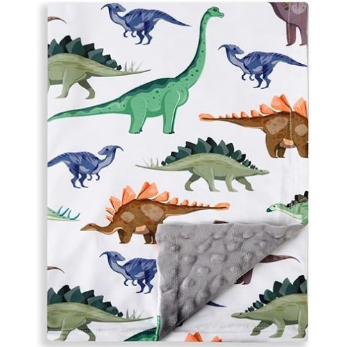 New Born Baby Boy Blanket Double Layer Fuzzy Nursery Toddler Blankets Soft Minky Daycare Baby Boys Blanket with Dotted Backing for Baby Shower Birthday Gift 30 x 40 Inch (Dinosaur, 1)