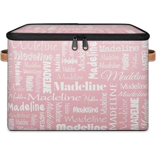 Custom Storage Basket with Name, Personalized Keepsake Box with Zipper Lid, Foldable Fabric Memory Bin Large capacity with Handle Pink