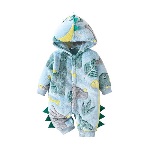 Edvintorg Winter Baby Clothes Unisex 0-18 Months Baby Boy Romper Cute Dinosaur Printed Long Sleeve Warm Hooded Plush Rompers Jumpsuit Button Infant Girls Outfits