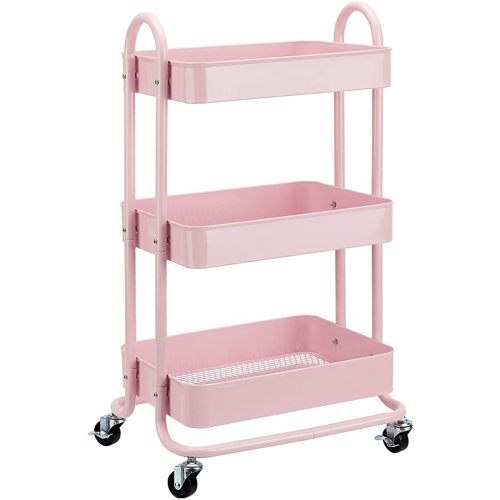 Amazon Basics 3-Tier Rolling Utility or Kitchen Cart, Lockable Wheels, Multifunctional Storage, Dusty Pink