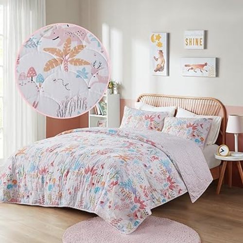 Twin Quilt Bedding Set Girls Bedding Set Reversible Twin Cotton Coverlet All Season Lightweight & Breathable Matching Shams Woodland Blush 2 Piece Forest Animals Print