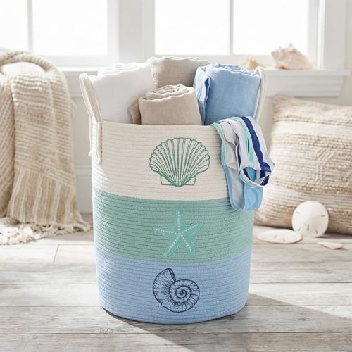 Coastal Seashells Starfish Woven Laundry Basket Blue White Green Beach Cotton Rope Storage Baskets with Handles 15 x 17.7 Inches Hamper Clothes Organization Room Storage Laundry Basket