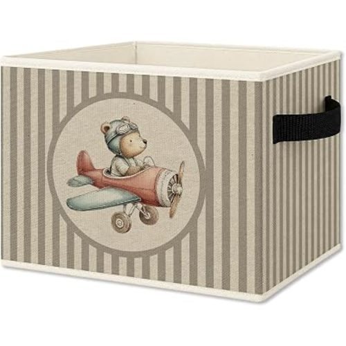 Bear Airplane Nursery Foldable Storage Bins Box with Handles, Neutral Striped Airplane Aviator Bear Collapsible Organizer Basket for Kids Boys Bedroom Bathroom Playroom Clothes Books