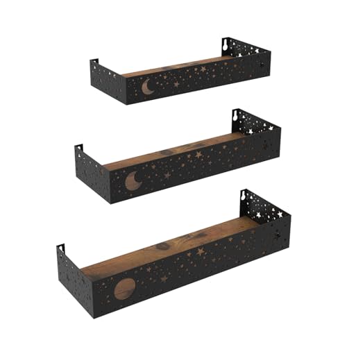 Serwrsw Moon and Stars Wall Shelf, 3 Different Sizes Floating Shelves | Moon Stars Cut Outs, Black Metal Sides, Brown MDF Base, Easy Install, Room Decor, Son, Daughter, Nursery, Bedroom, Bathroom