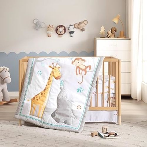 The Hōmistry 3-Piece Crib Bedding Set for Boys & Girls - Reversible Quilt, Fitted Sheet, Crib Skirt - Soft, Breathable & Durable Microfiber Baby Crib Bedding Set - Jungle Friends Theme