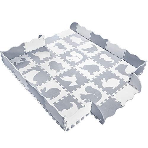 Baby Play Mat with Fence, Animals, and Foam Tiles. Tummy time mat, Playmat for Kids, Toddlers, Infants. Activity Center, Ball Pit Gym Floor playpen. 57"x 57", Over 74" Across!