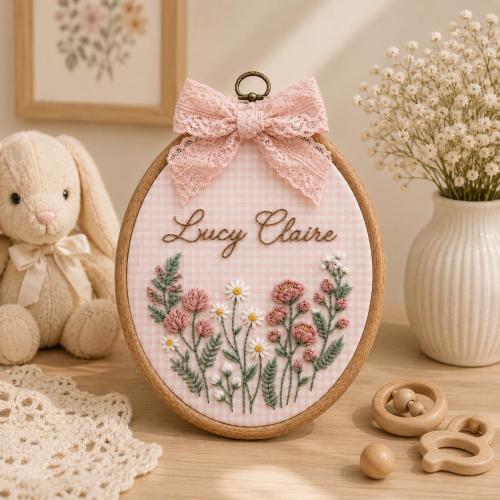 Personalized Embroidered Baby Name Sign, Custom Wildflower Nursery Wall Decor, Floral Baby Name Hoop, Baby Shower Gift, Newborn Keepsake