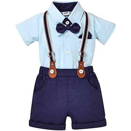 Baby Boy Clothes Gentleman Outfits Infant Baby Bodysuit Shirt with Bowtie Suspender Shorts Baby Boy Suit Set 0-18M