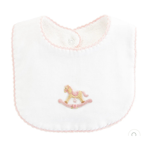 Embroidered Rocking Horse Pima Cotton Bib in Baby Pink