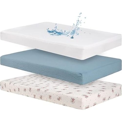 Baby Crib Sheets Cotton Muslin: 2 Crib Sheets Neutral and 1 Waterproof Baby Mattress Protector Cover for Boys Girl Fitted Toddler Bed Mattress 54 x 28 Inch (Bear, Blue, White, Crib)
