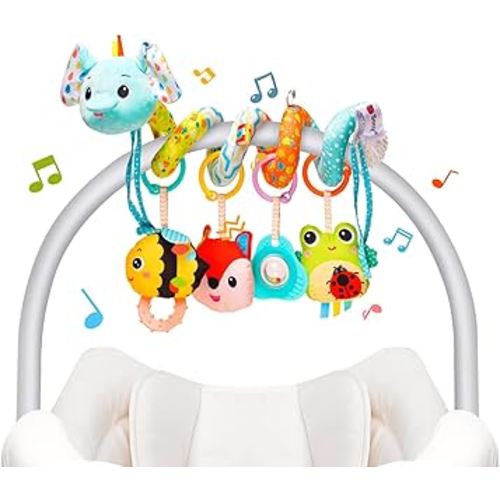 Koty Car Seat Toys, Cute Elephant Car Seat Toys for Babies 0-6 Months Boy, Stroller Toys with Crinkle, Teether, Music Box, Rattle, BB Squeaker for 0 3 6 9 12 Months Babies Infant Boys Girls Gifts