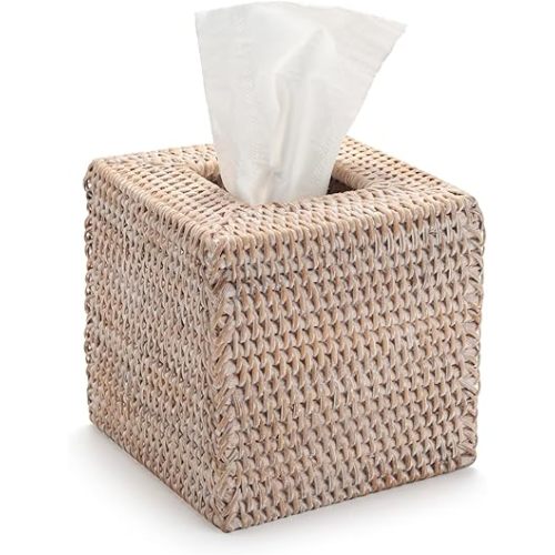 Rattan Tissue Box Cover Natural Woven Facial Napkin Holder Square (White, 5.5x5.5x5.9 Inch)
