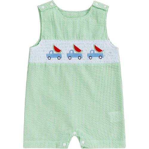 Newborn Baby Boys Sleeveless Seersucker Romper One Piece Straps Overalls Striped Jumpsuit Summer Smocked Clothes