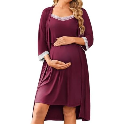 Ekouaer Women Lace Maternity Nursing Gown and 3/4 Sleeve Robe Set Double Layer Breastfeeding Nightgown Slip Dress & Bathrobe