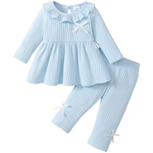 2 Piece Baby Girl Clothes Set Infant Ribbed Ruffle Top Bow Pants