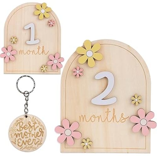 Baby Monthly Milestone Signs - Monthly Baby Milestone Signs for 1-12 Photos, Wooden Number Circles, Picture Props for Babies, Gender Neutral Newborn Announcement Cards (Flower)