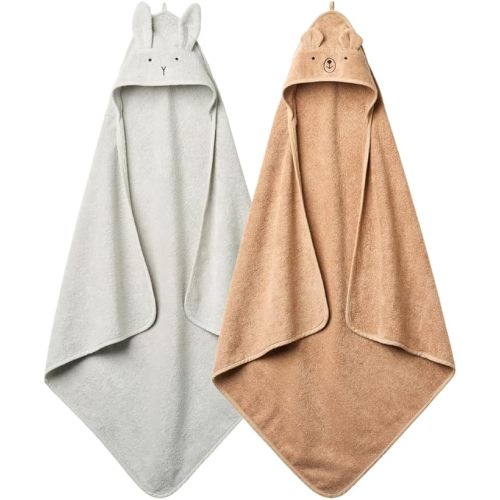 Baby Hooded Towel – Organic Cotton Baby Bath Towels, 32" x 32" Super-Soft and Absorbent Baby Towels for Newborn 2-Pack (Rabbit Grey/Bear Natural)