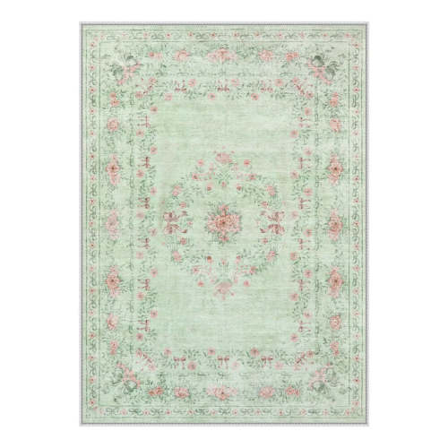 Eliane Washable Vintage Traditional Floral Green Rug