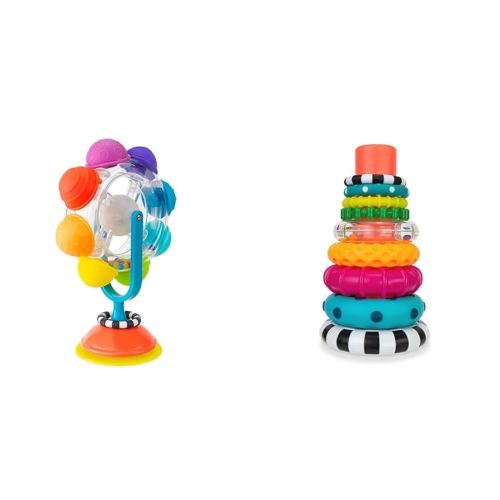 Sassy Light Up Rainbow Wheel Tray Toy, Multi & Stacks of Circles Stacking Ring STEM Learning Toy, Age 6+ Months, Multi, 9 Piece Set
