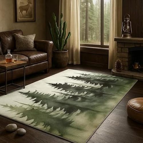 4x6 ft, Washable Pine Tree Area Rug - Woodland Rugs for Bedroom, Living Room, Office, Dorm, Kitchen, Dining Room, Scenic Nature Carpet & Home Decor