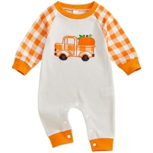 SAYOO Newborn Baby Girl Boy Thanksgiving Halloween Outfit Pumpkin Turkey Embroidered Contrast Waffle-Knit Romper Jumpsuit