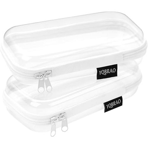 Set of 2 - Hard Sided Clear Zipper Case for Storage - Professional-Grade Plastic Hard Shell Zippered Organizers, Cosmetic Bag, Snack Bins