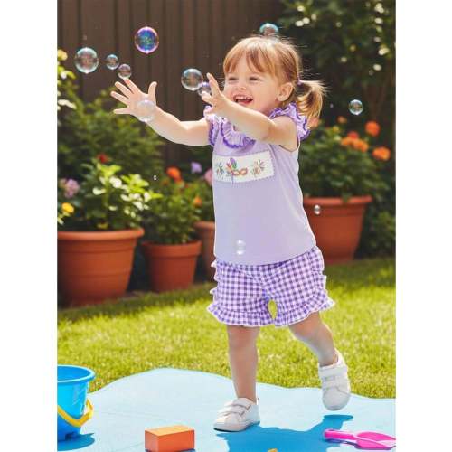 Toddler Baby Girl Mardi Gras Outfit Embroidered Ruffled Trim Crew Neck Flying Sleeve Tops/ Mardi Gras Shirt And Plaid Shorts 2 Pcs Set, Cute Carnival Games Outfit For Kids, Toddler Girl Summer Set | SHEIN USA