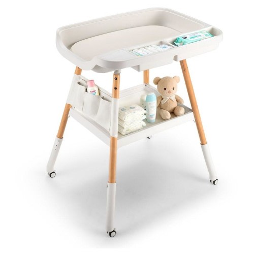 PlayPals Baby Changing Table w/ Wheels Adjustable Height Stable Beech Wood Diaper Change