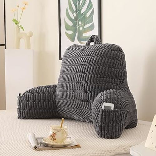 Reading Pillow for Sitting in Bed, Large Backrest Reading Pillow with Polypropylene Cotton (Grey Corduroy, Large(19inch))