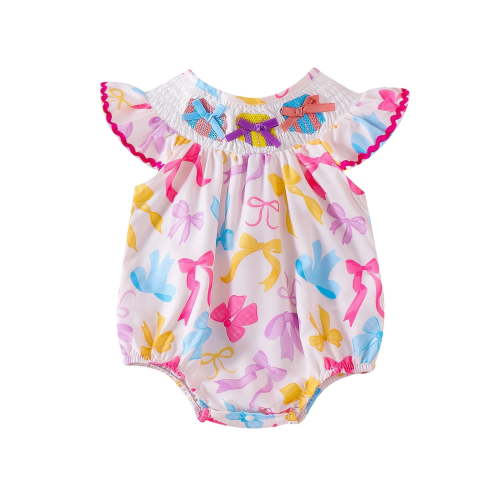 MEZZALL Baby Girl Ruffles Flying Sleeve Cute Multicolor Bow Print Cartoon Print Jumpsuit Bodysuit Cute, 0-3 Months