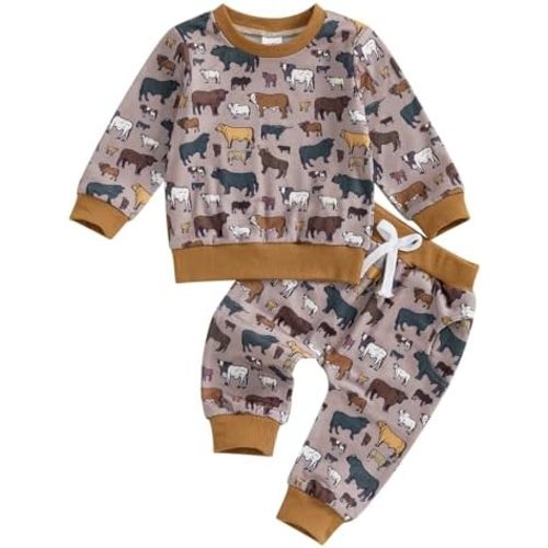 Western Baby Boy Girl Clothes Highland Cow Print Outfit Long Sleeve Sweatshirt Top Elastic Waist Pants Outfit Set