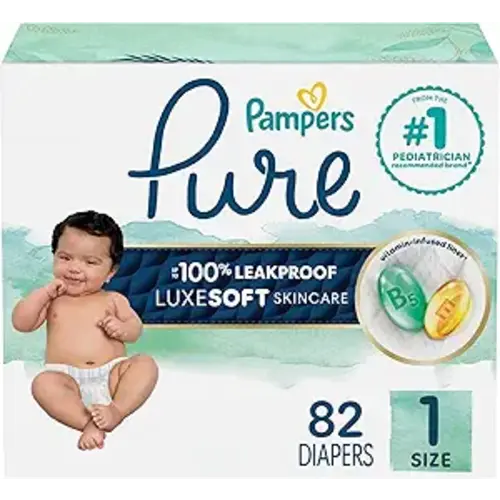 Pampers Pure Diapers, Size 1 (8-14 lbs), 82 Count, Up to 100% Leakproof, Premium Plant-based Skin Protection, Hypoallergenic Soft Diapers