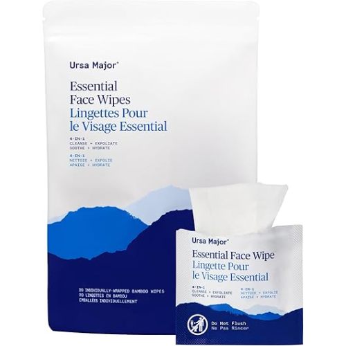 Ursa Major Essential Face Wipes | Natural, Biodegradable, Cruelty-Free | Cleanse, Exfoliate, Soothe and Hydrate | Individually Wrapped | 20 Count