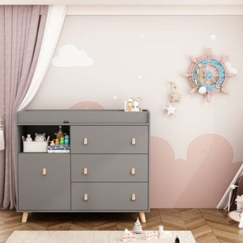 Famapy Baby Changing Table With leather Pulls Large Worktop Three Drawers Rich Storage Space Storage Cabinet