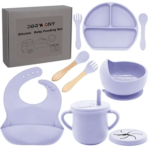 100% Silicone Baby Feeding Set,BPA Free Baby Dishes Set with Suction Bowl Divided Plate,Toddler Self Feeding Dish Set with Spoons Forks Sippy Cup and Bib, Baby Eating Utensils(Purple)