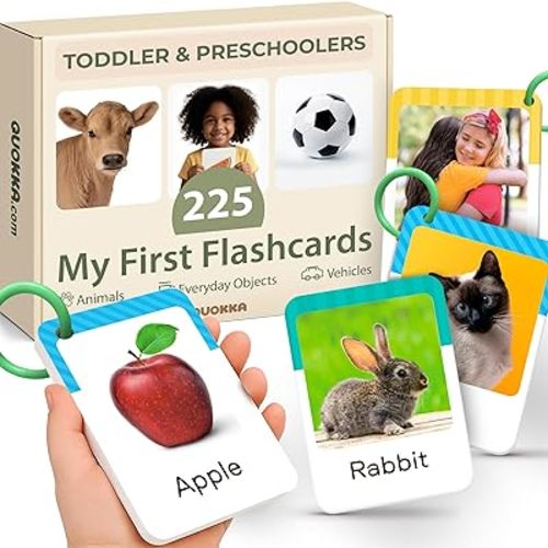 QUOKKA 225 Toddler Flash Cards with Rings – Realistic Learning Cards for Ages 1–3 – Alphabet, First Words, Animals etc – Portable Montessori Flashcards for Car Rides, Stroller Walks, Shopping &Travel