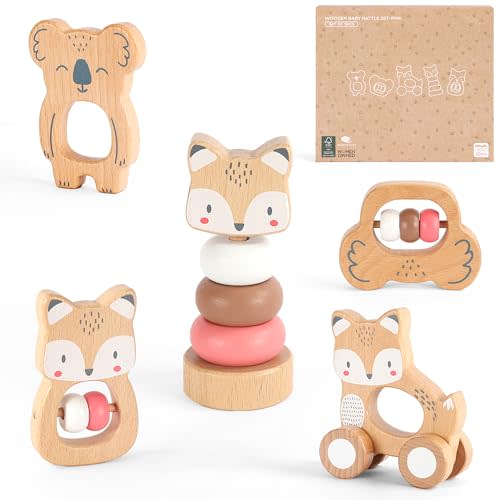 Freniland Wooden Montessori Toys, 5-Piece Wooden Baby Toys, Koala Wooden Baby Rattle, Fox Stacking Ring Baby Toys, Little Fox Wooden Baby Push and Pull Toys,Newborn Baby Gift Sets for Boys and Girls