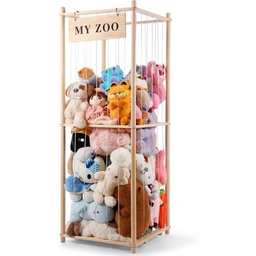 Stuffed Animal Storage Zoo, Wooden Stuffed Animal Organizer with Elastic Cords for Boys Girls, Space Saving Toy Plushies Storage Holder for Playroom, Bedroom, Living Room (Burlywood, Large)