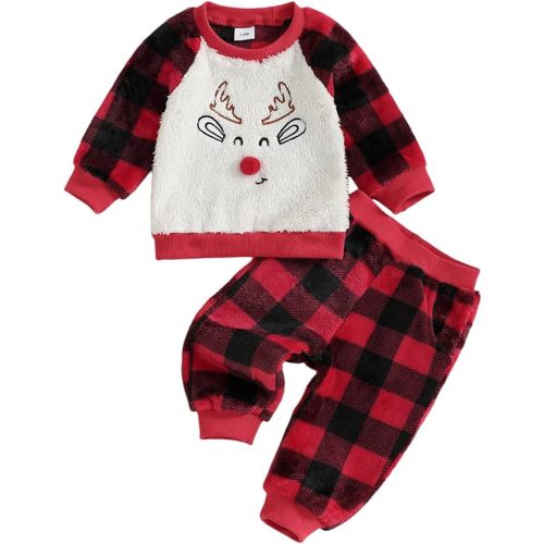 BemeyourBBs Toddler Baby Boy Girl Christmas Outfit Reindeer Fleece Lined Shirt Pants Set 2 Piece Infant Cute Winter Clothes