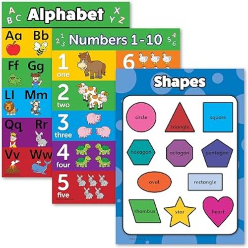 Palace Learning 3 Pack - ABC Alphabet + Numbers 1-10 + Shapes Poster Set - Toddler Educational Charts (LAMINATED, 18" x 24")